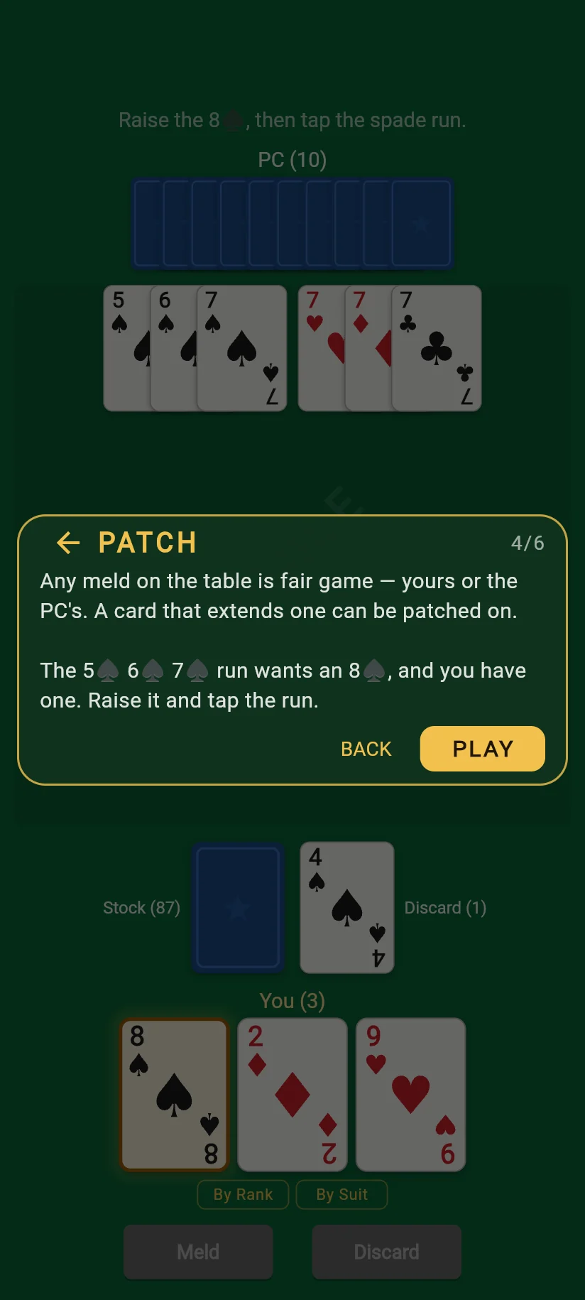 The tutorial showing how to add a card to a run on the table.